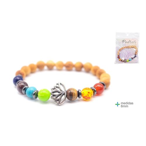 OT-75980 PULSEIRA MADEIRA COM PEDRA 7 CHAKRAS 8MM