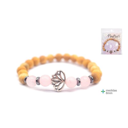 OT-75987 PULSEIRA MADEIRA COM PEDRA QUARTZO ROSA 8MM