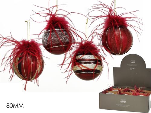 BOLA NATAL VIDRO PLUMA BORDEAUX 8CM 4SORTIDOS