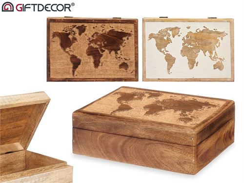 91889 CAIXA MADEIRA RECTANGULAR MAPA MUNDO 2 SORT 17,4 x 25,5 x 9 cm.