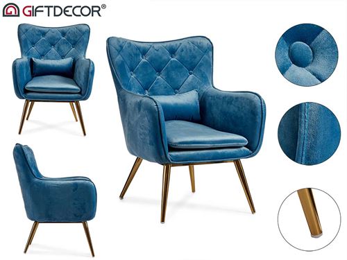 62363 POLTRONA VELUDO AZUL COM ALMOFADA