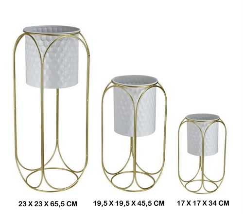09-IT-05 FLOREIRA METAL SET3 BRANCA BASE DOURADA