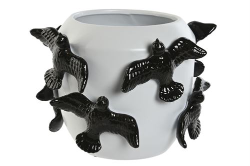JR-217875 JARRO CERÂMICA BRANCA 29X29X21.5 PÁSSARO PRETO