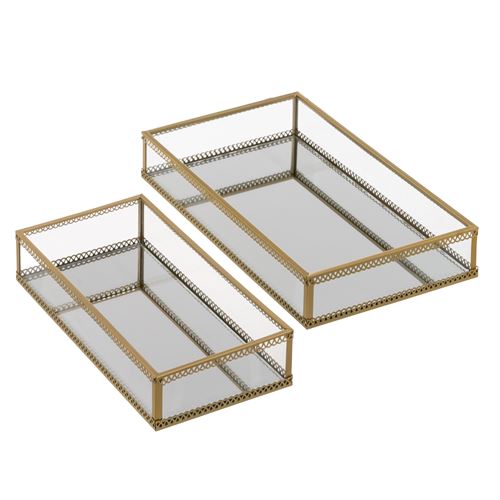 806536 S/2 BANDEJA CRISTAL-METAL OURO 24 X 14 X 4 CM