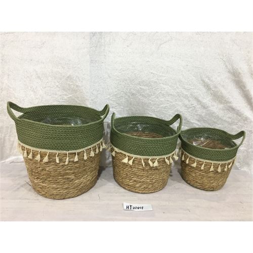 69563 CESTAS VERDE/NATURAL C/POMPONS 30X30X30