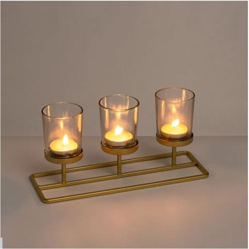 805115 CASTIÇAL. TRIPLO METAL-CRISTAL OURO 24 X 8 X 11 CM