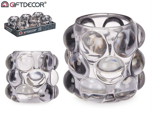 93702 CASTIÇAL VIDRO BOLAS CINZA 8CM