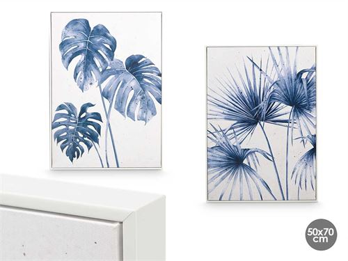 13588 QUADRO MOLDURA BRANCA FOLHAS AZUL 50X70