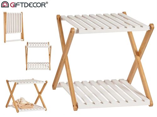 83056 ESTANTE DUPLA DOBRÁVEL BRANCO BAMBU 39 x 32 x 34 cm
