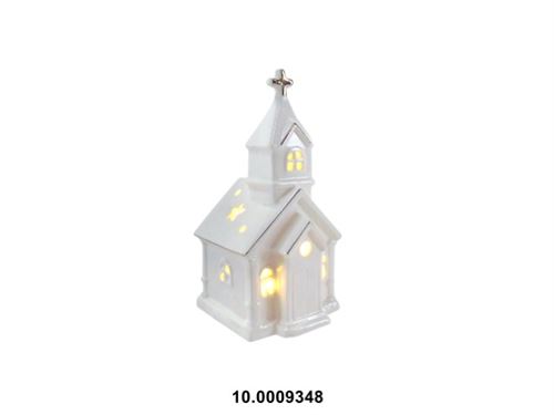10.0009348 DEC. NATAL PORCELANA -IGREJA C/LUZ LED 10X10X21CM