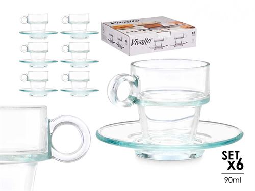 CANECA CAFE VIDRO 100ML COM PRATO SET6