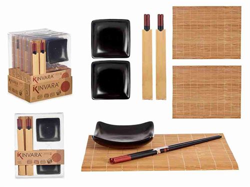 87381 CONJ PARA SUSHI CERÂMICA BAMBU PRETO