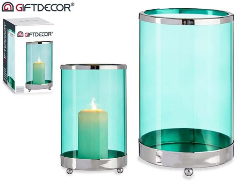 67777 PORTA VELAS METAL VIDRO AZUL PRATA