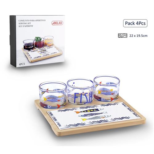 CBK734 CONJUNTO APERITIVOS 4PÇS BAMBU VIDRO