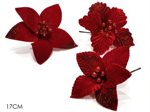 FLOR NATAL VELUDO 17CM VERMELHO 3 SORTIDAS