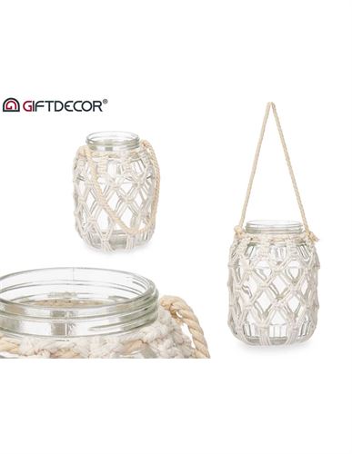 LANTERNA VIDRO COM MACRAME 22CM