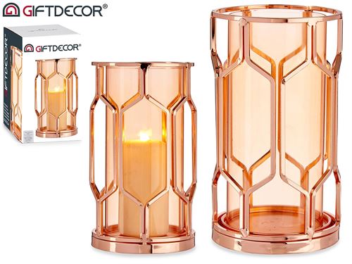 PORTA VELAS METAL VIDRO AMBAR COBRE 13X20