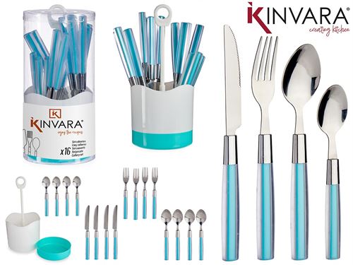 92340 SET 16 TALHERES INOX AÇO CABO PL AZUL