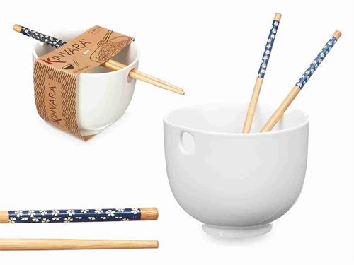 92285 TAÇA CERAMICA ASIATICA BRANCA E PAUS BAMBU