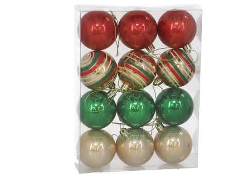 354750 CAIXA X12 BOLAS DUENDE OURO-VERMELHO-VERDE 6 CM