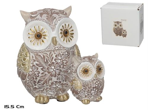 396118 CORUJA RESINA MÃE E BEBÊ KINARI 14,5X9X15,5 CM