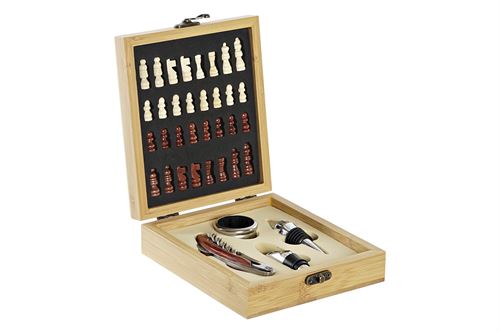 RC-199423 SET VINHO 5PÇS MDF INOX 15X17X4,5CM XADREZ NATURAL