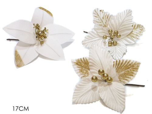 428446 FLOR NATAL VELUDO BRANCO 17CM 3SORTIDAS