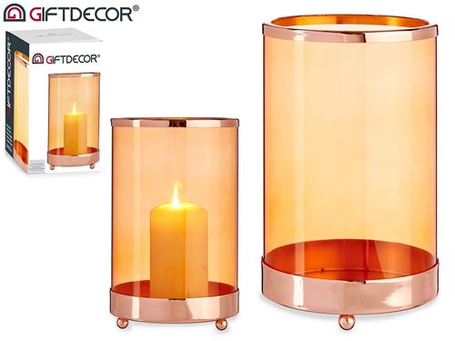 PORTA VELAS METAL VIDRO COBRE 13X20