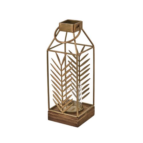 LANTERNA- MADEIRA-METAL OURO 14 X 14 X 40,50 CM