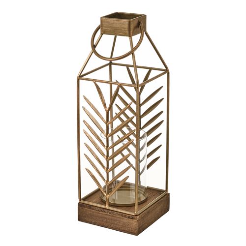 801675 LANTERNA- MADEIRA-METAL OURO 16 X 16 X 49,50 CM