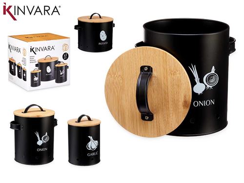 86947 CONJUNTO 3 POTES METAL COM TAMPA BAMBU 11-14-22CM