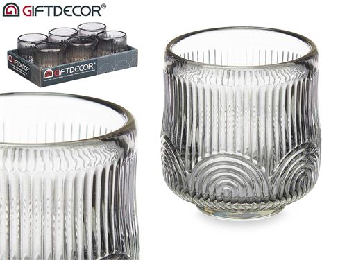 93714 SUPORTE VELAS RISCAS CINZENTO VIDRO 7CM