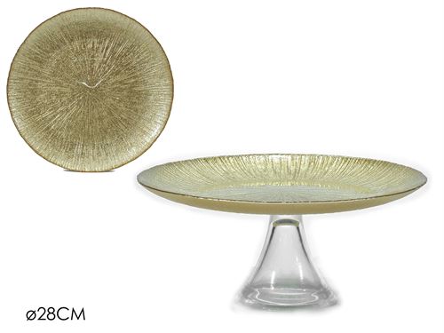 617329 PRATO BOLO COM PÉ VIDRO OURO 28CM