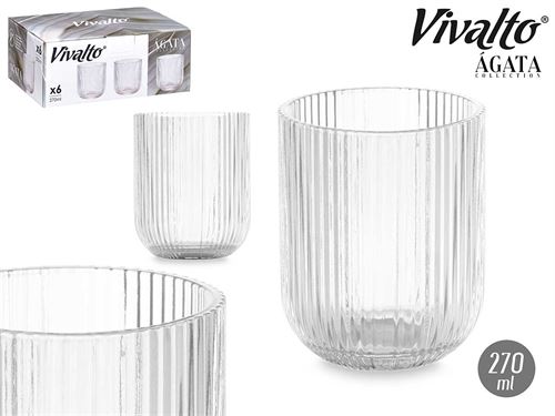 84909 CX 6 COPO 270ML TRANSPARENTE RISCAS 7,5 x 7,5 x 9,2 cm.