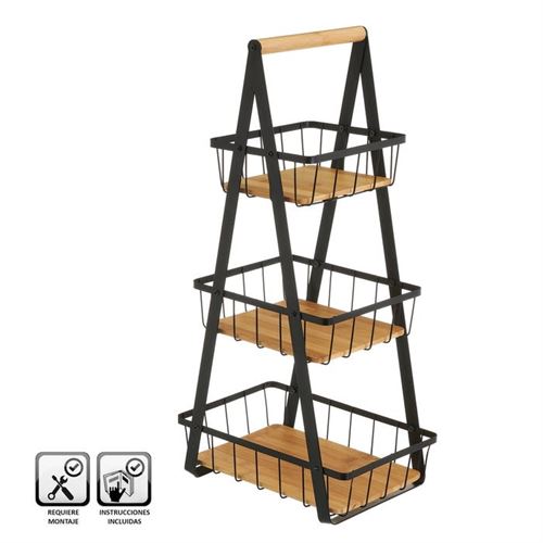 801711 CESTO TRIPLO METAL BAMBU PRETO