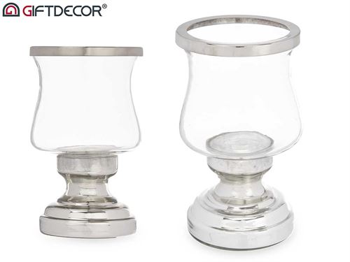 91337 CASTIÇAL METAL VIDRO PRATA 21CM