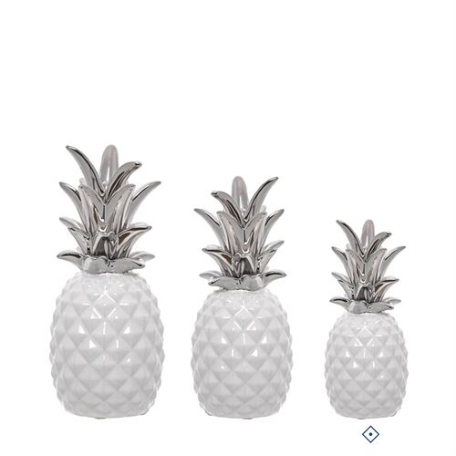 ANANAS CERAMICA BRANCO/PRATA 15CM