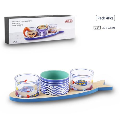 CBK737 CONJUNTO APERITIVOS BAMBU VIDRO 4PÇS