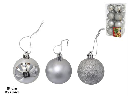 SET 16 BOLAS NATAL PRATA 5CM 3 SORTIDOS