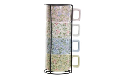 PC-186801 CAFE SET 4 DOLOMITE C/SUPORTE METAL 13X9,5X13 260 ML, FLORES