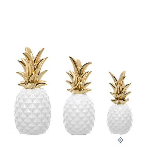 ANANAS CERAMICA BRANCO/DOURADO 15CM