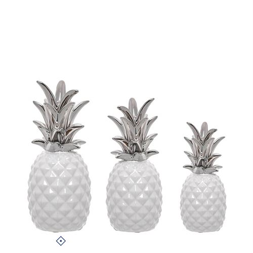 ANANAS CERAMICA BRANCO/PRATA 24 CM