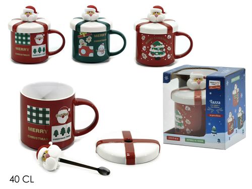 490037 CANECA NATAL CERAMICA C/TAMPA 40CL 3 SORT