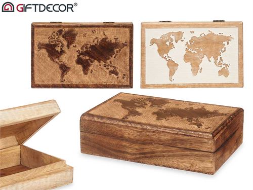 91885 CAIXA MADEIRA MAPA MUNDO 2 SORTIDAS 13,5 x 21,5 x 6 cm.