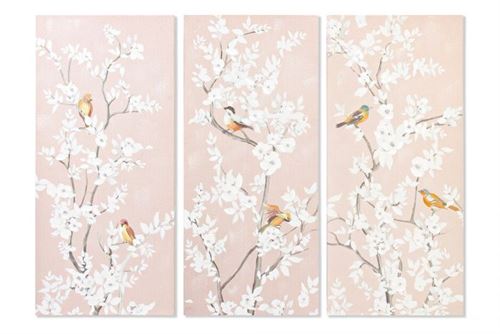 QUADRO TECIDO TELA 40X3X90 FLOWERS BIRDS