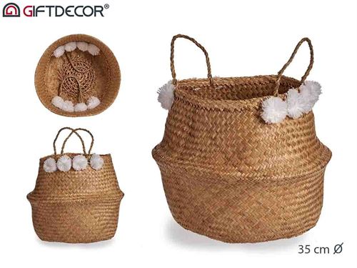 91831 CESTO JUNCO 35CM NATURAL COM POMPONS