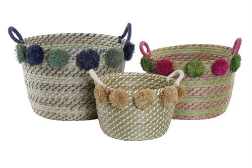 DC-196195 CESTA SET 3 SEAGRASS PP 46X44X34 POMPONS MULTICOR