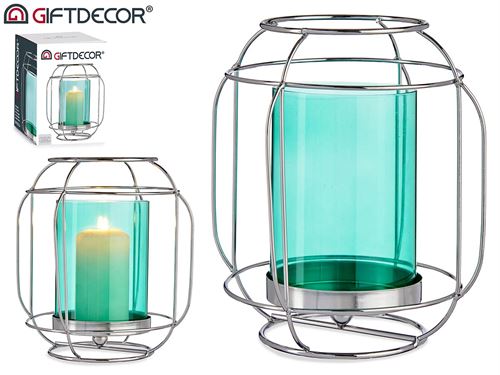 67801 PORTA VELAS METAL VIDRO PRATA AZUL