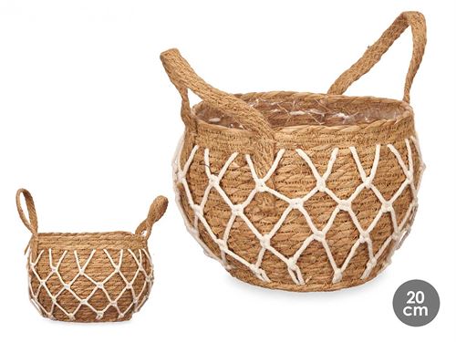 17533 VASO ESPARTO E MACRAME COM ASA 20CM