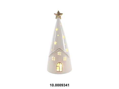 10.0009341 DEC. NATAL PORCELANA -PINHEIRO CASA C/LUZ LED 11X11X26CM